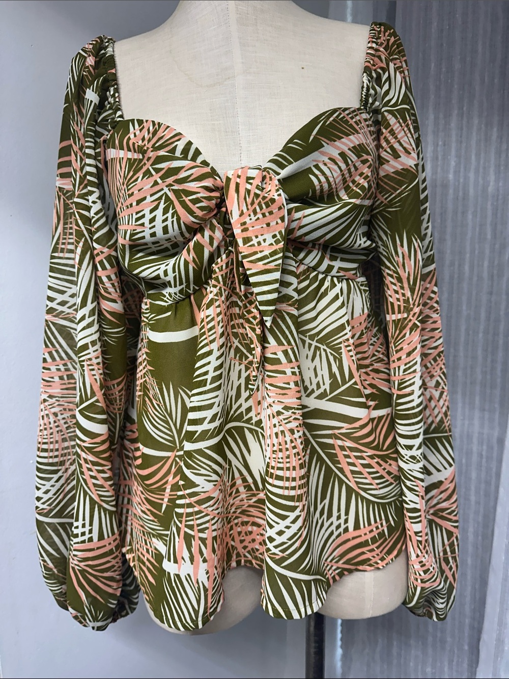 ASOS Olive Green Palm-Print Tie-Front Blouse